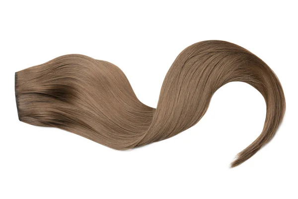 Lås av brunt rakt hår på vit bakgrund, uppifrån — Stockfoto