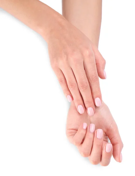 Mulher com belas mãos no fundo branco, close-up. Tratamento de Spa — Fotografia de Stock