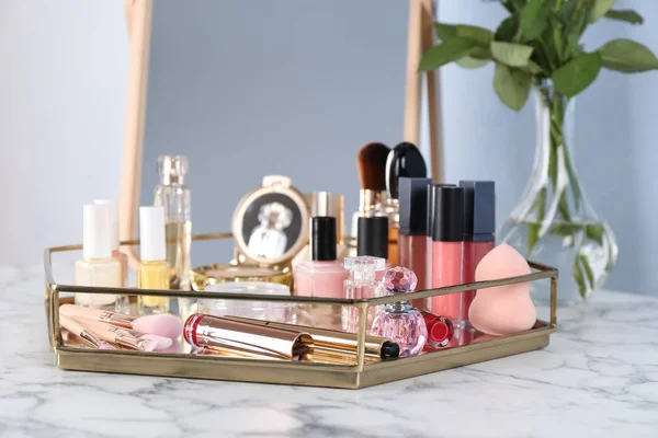 Tray with set of luxury cosmetics on dressing table — Stock Photo, Image