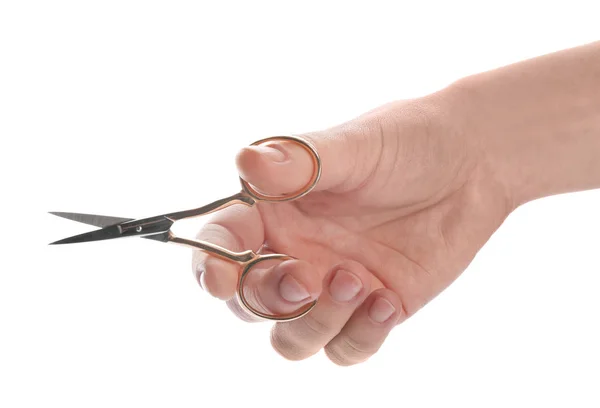 Woman holding sharp sewing scissors on white background, closeup — 스톡 사진