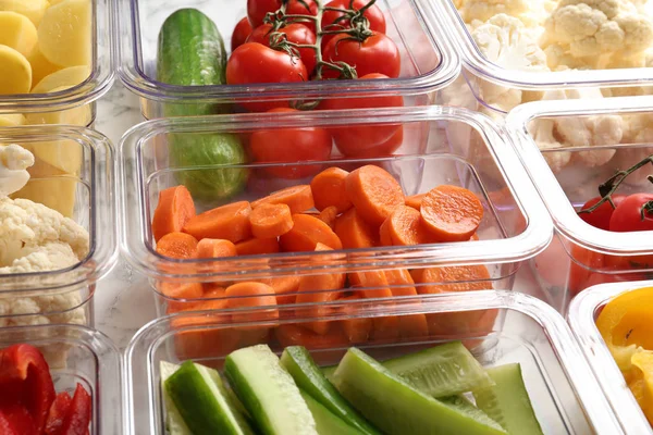 Many boxes with different raw vegetables, closeup — Stock Photo, Image