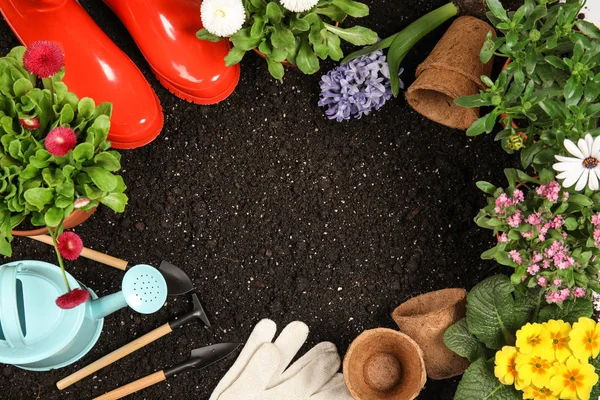 Composição de colocação plana com equipamento de jardinagem e flores no solo, espaço para texto — Fotografia de Stock