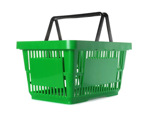 Cesta de compras de plástico de cor no fundo branco — Fotografia de Stock