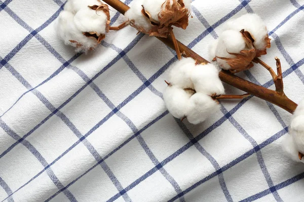 Kumaş üzerinde pamuklu çiçekler ile Dal, yukarıdan görünümü. Metin için alan