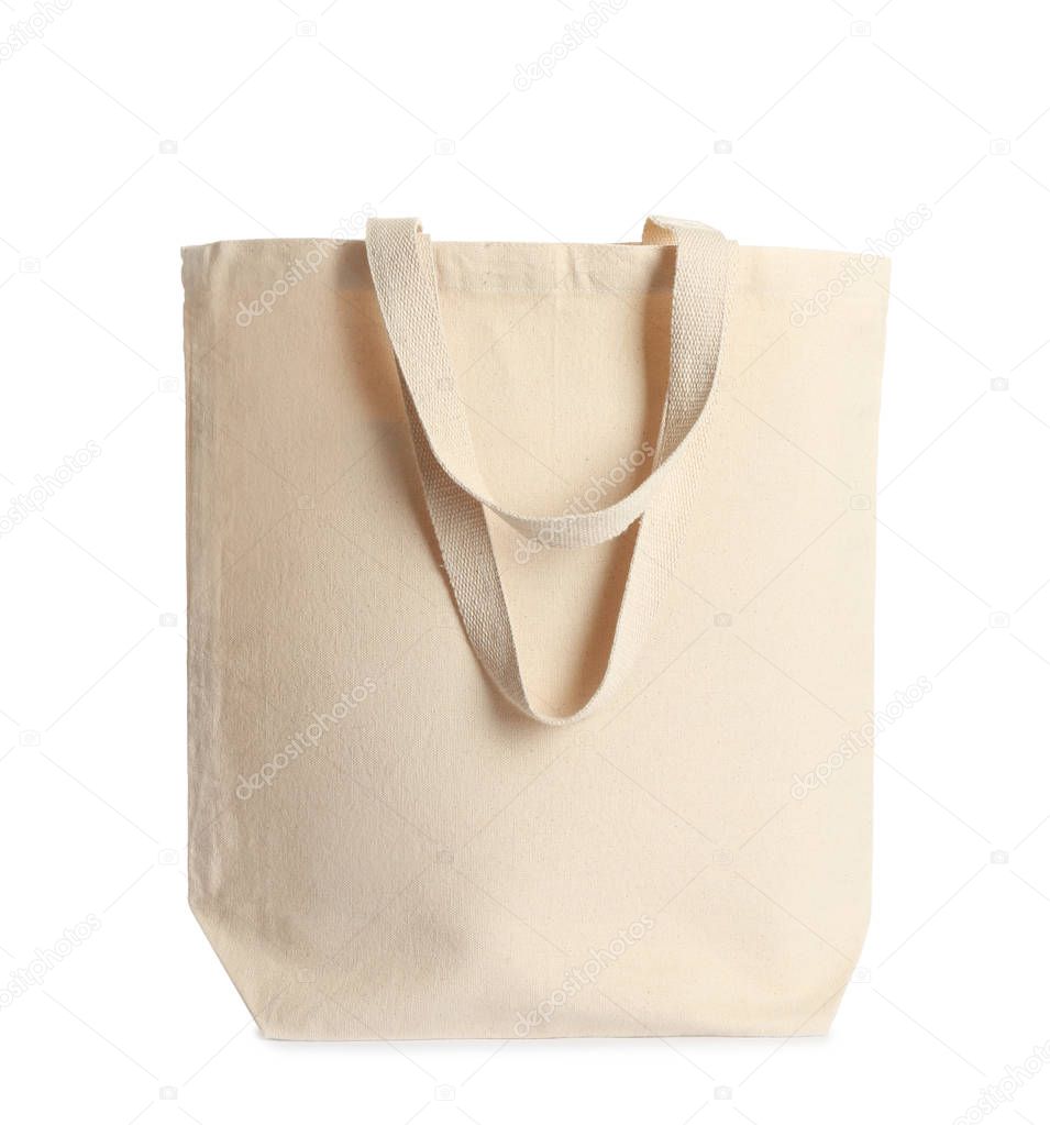 Stylish eco bag made of cotton fabric on white background