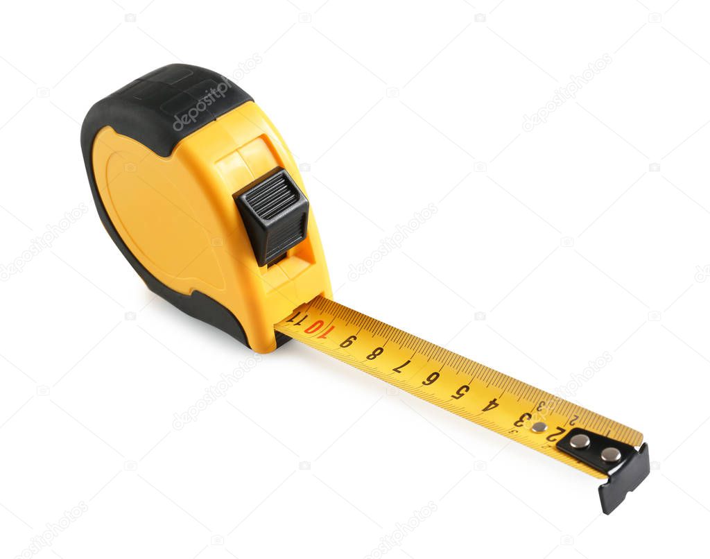 Metal measuring tape on white background. Construction tool