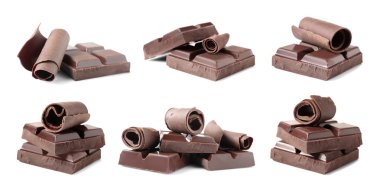 Beyaz arka planda lezzetli çikolata parçaları ve bukleler seti