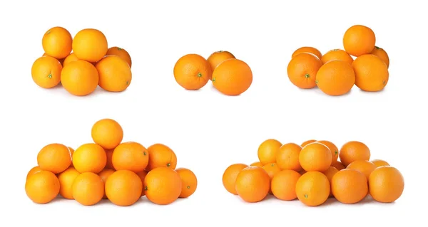 Set av mogna saftiga apelsiner på vit bakgrund — Stockfoto