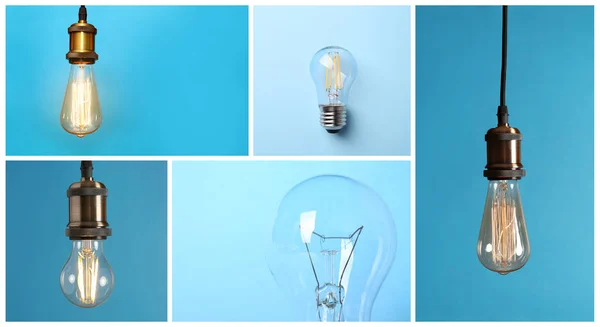 Collage of lamp bulbs on color background