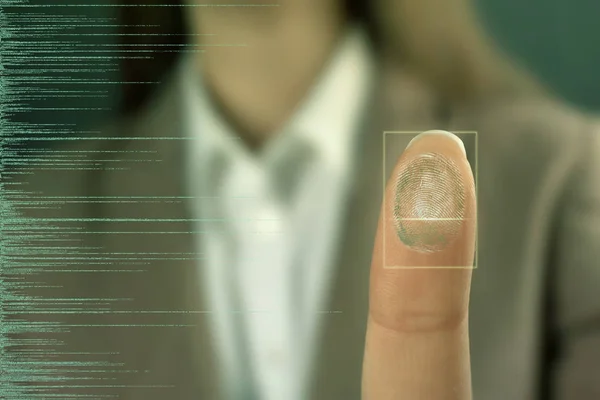 Mujer presionando en el escáner de huellas digitales en la pantalla virtual, primer plano. Espacio para texto —  Fotos de Stock