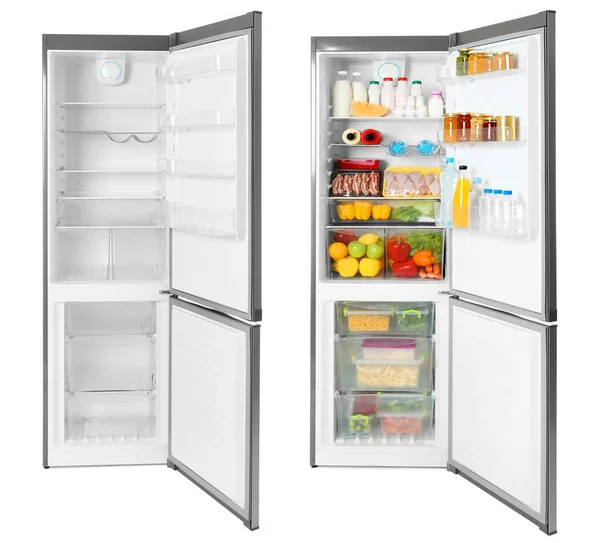Conjunto de frigoríficos modernos em fundo branco — Fotografia de Stock