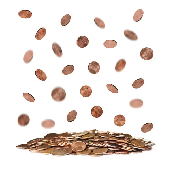 Many falling coin into pile on white background. Financial concept — Stock Photo, Image