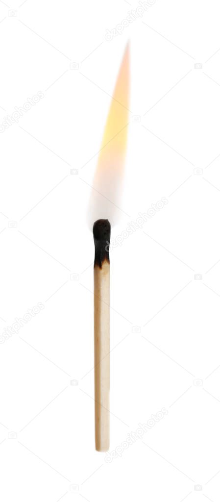 Burning match with flame on white background