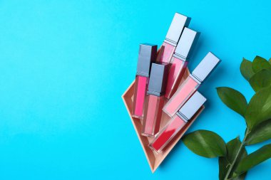 Renkli arka planda sıvı rujlar ve yeşil dal ile düz döşeme kompozisyonu