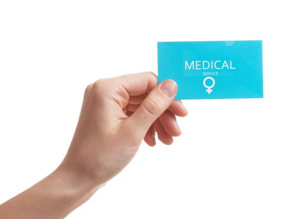 Chica con tarjeta de visita médica aislada en blanco, primer plano. Servicios de salud de las mujeres — Foto de Stock