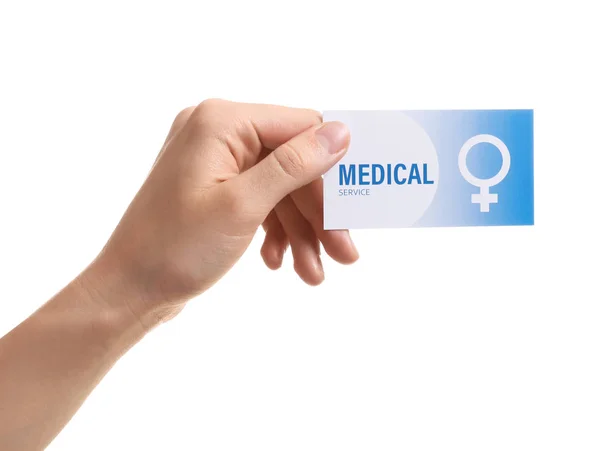 医療名刺を持つ少女は、白いクローズアップで隔離されています。女性の保健サービス — ストック写真