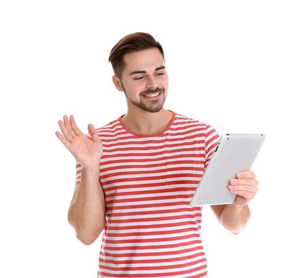 Homem usando tablet para bate-papo de vídeo isolado no branco — Fotografia de Stock