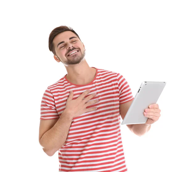 Homem usando tablet para bate-papo de vídeo isolado no branco — Fotografia de Stock