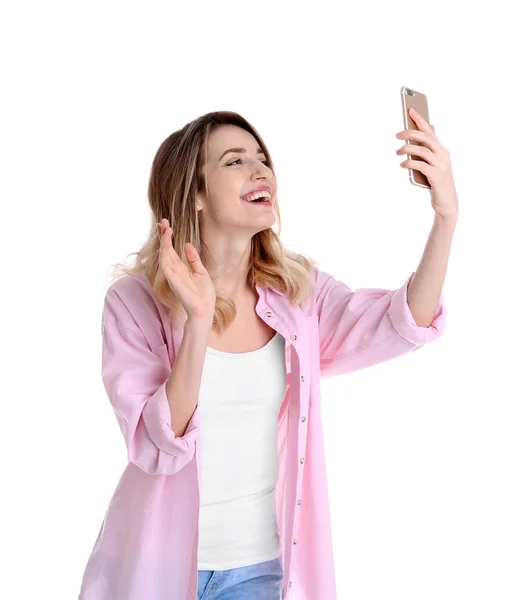 Mulher usando telefone celular para bate-papo de vídeo isolado no branco — Fotografia de Stock