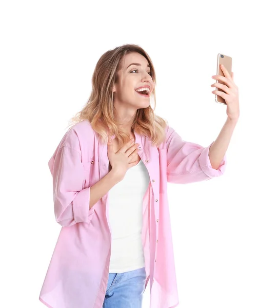 Mulher usando telefone celular para bate-papo de vídeo isolado no branco — Fotografia de Stock