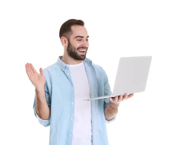 Homem usando laptop para bate-papo de vídeo isolado no branco — Fotografia de Stock
