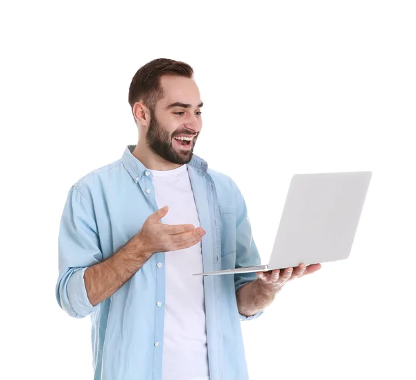 Man met behulp van laptop voor video chat geïsoleerd op wit — Stockfoto