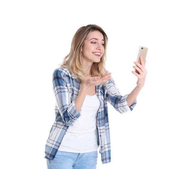 Woman using mobile phone for video chat isolated on white — Stock Photo, Image