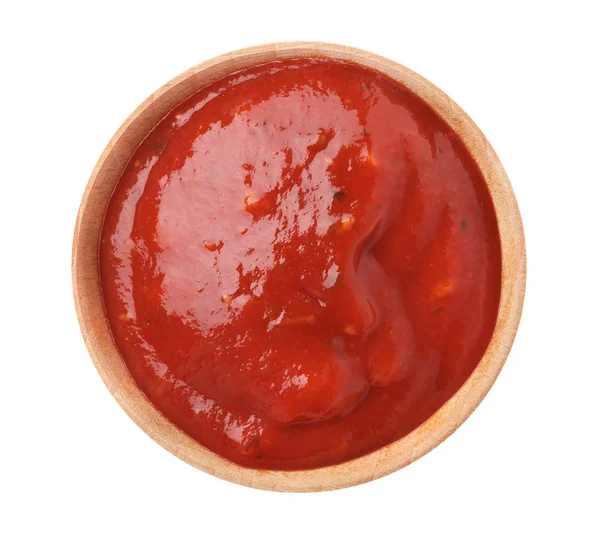 Bowl with red sauce isolated on white, top view — Stock Photo, Image