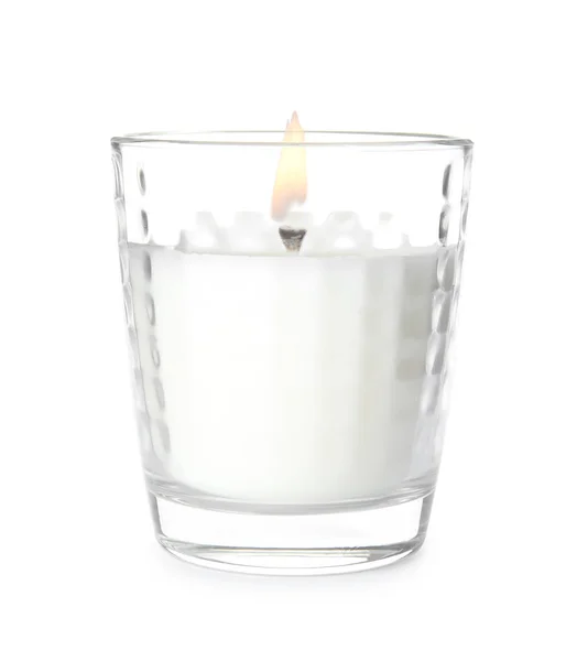 Świeca woskowa w szklanym uchwycie na białym tle — Zdjęcie stockowe
