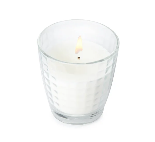 Vosková svíčka ve skleněném držáku na bílém pozadí — Stock fotografie