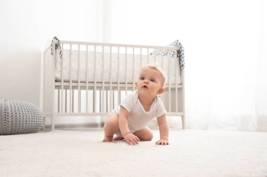 Sevimli küçük bebek kapalı halı üzerinde sürünerek