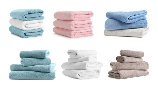 Set of folded soft terry towels on white background — Stock Photo, Image