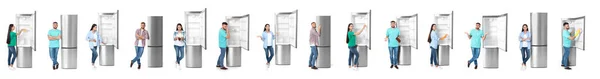 Conjunto de personas cerca de refrigeradores modernos sobre fondo blanco — Foto de Stock