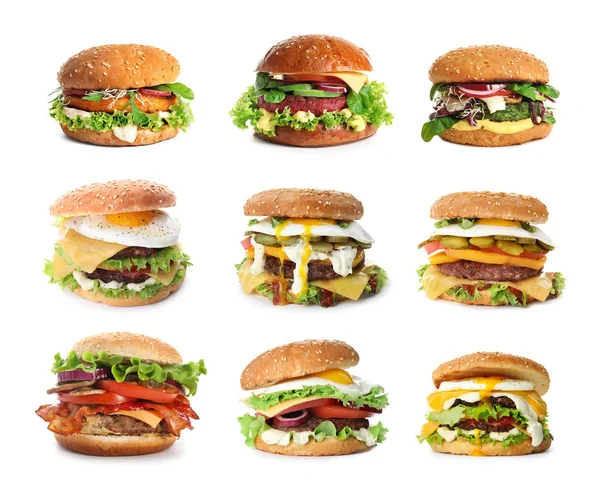 Beyaz arka planda lezzetli burger seti