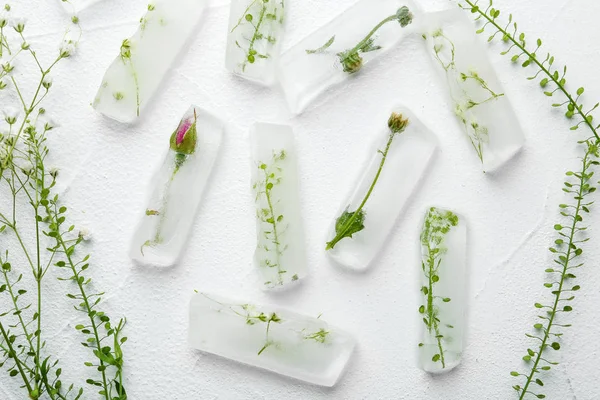 Cubos de hielo con flores sobre fondo blanco, plano — Foto de Stock