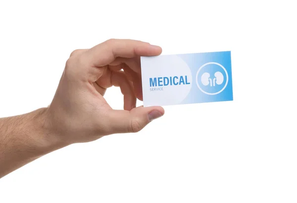 Ο άνθρωπος που κρατά την ιατρική επαγγελματική κάρτα απομονωμένη σε λευκό, κοντινό. Υπηρεσία Νεφρολογίας — Φωτογραφία Αρχείου