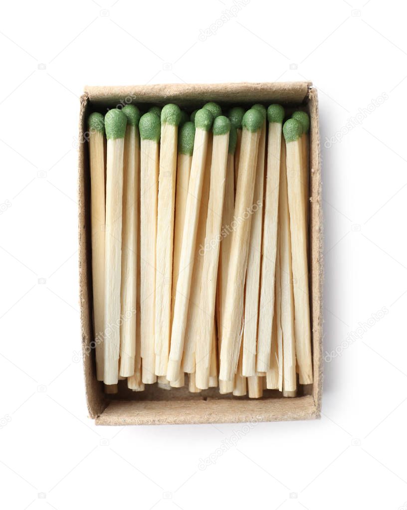 Cardboard box with matches on white background, top view