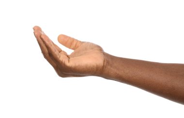 Afro-Amerikalı adam beyaz arka plan üzerinde elinde bir şey tutan, closeup