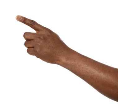 Afro-Amerikalı adam beyaz arka plan, closeup bir şey işaret