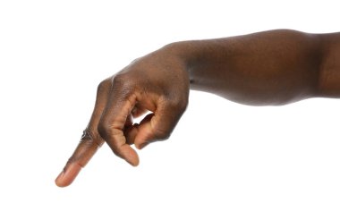 Afro-Amerikalı adam beyaz arka plan, closeup bir şey işaret