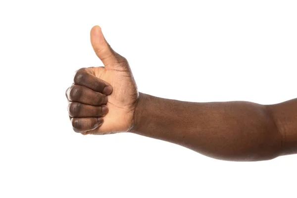 African-American man showing thumb up gesture on white background, closeup — Stock Photo, Image