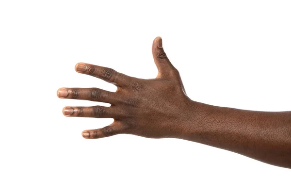 Hombre afroamericano extendiendo la mano para agitar sobre fondo blanco, primer plano — Foto de Stock