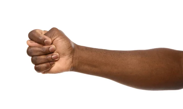 Hombre afroamericano mostrando gesto de higo sobre fondo blanco, primer plano —  Fotos de Stock