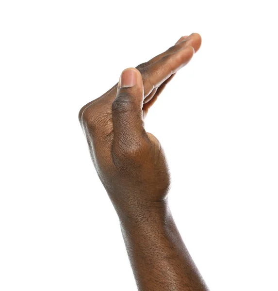 Αφροαμερικανός άνθρωπος δείχνει Έλα εδώ χειρονομία σε λευκό φόντο, κοντινό πλάνο — Φωτογραφία Αρχείου