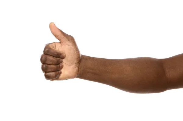 흰색 배경에 엄지 손가락 을 보여주는 아프리카 계 미국인 남자, 클로즈업 — 스톡 사진