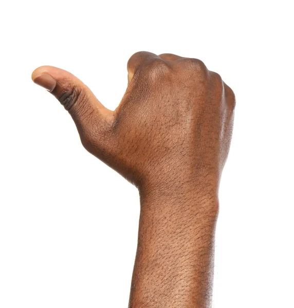 African-American man showing thumb up gesture on white background, closeup — Stock Photo, Image