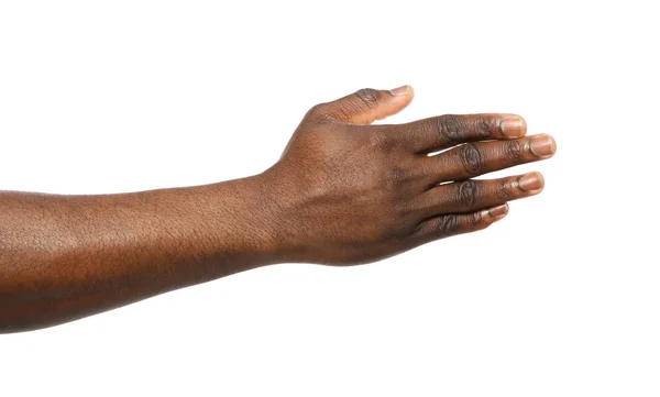 Afro-amerikansk man förlänga hand för skaka på vit bakgrund, närbild — Stockfoto