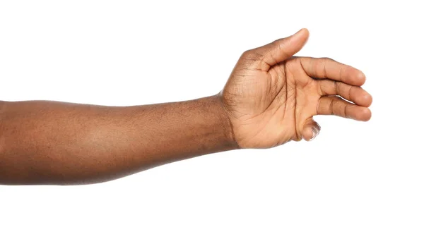 흰색 배경에 손 제스처를 보여주는 아프리카 계 미국인 남자, 클로즈업 — 스톡 사진
