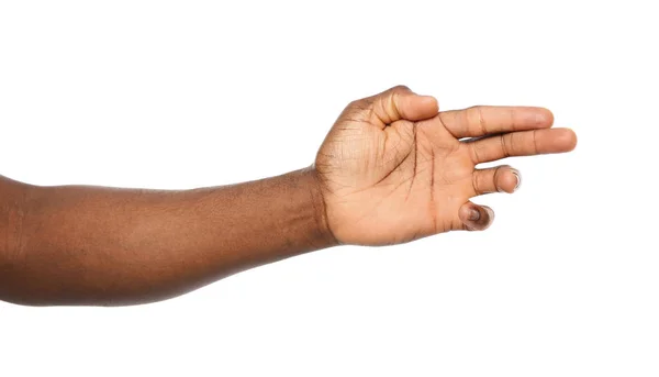 African-American man showing hand gesture on white background, closeup — Stock Photo, Image