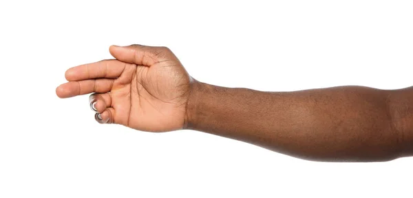 Hombre afroamericano extendiendo la mano para agitar sobre fondo blanco, primer plano —  Fotos de Stock